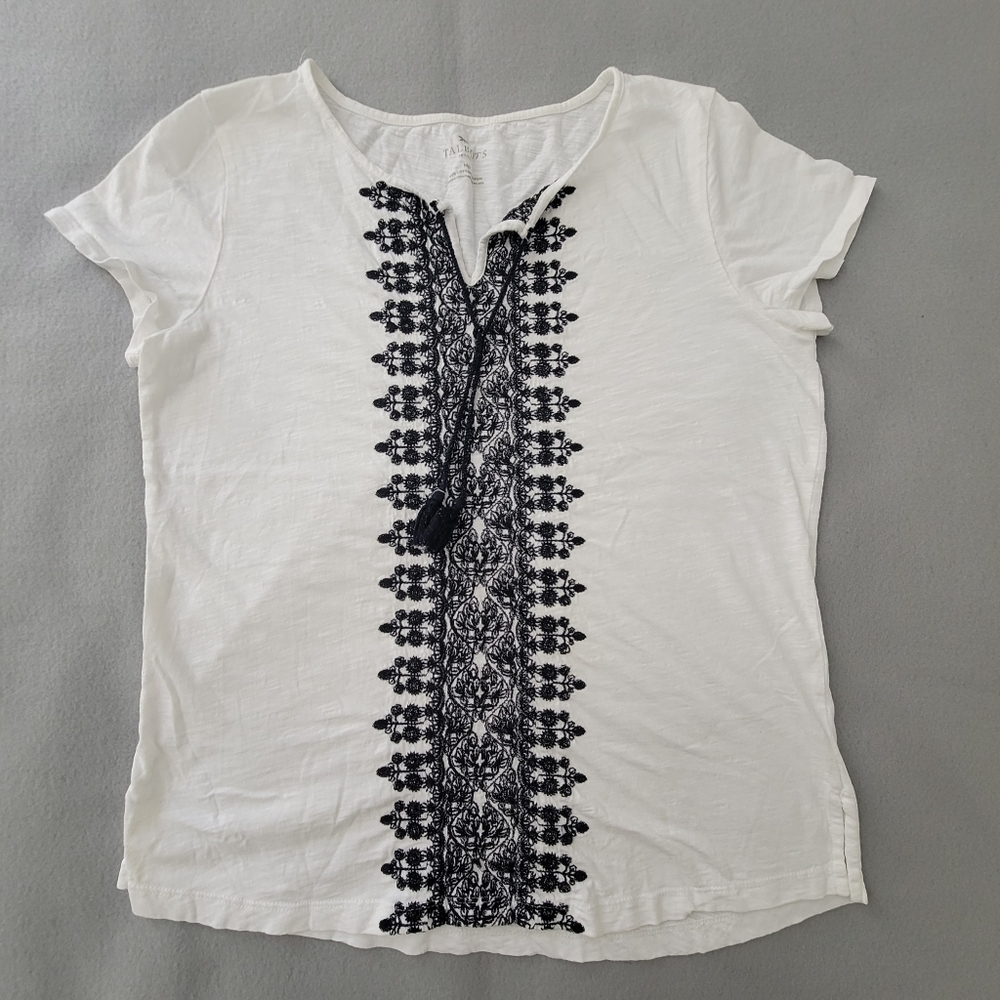 Talbots Womens Tunic Top Embroidered Keyhole Neck 100% Cotton White/Black  Sz MP